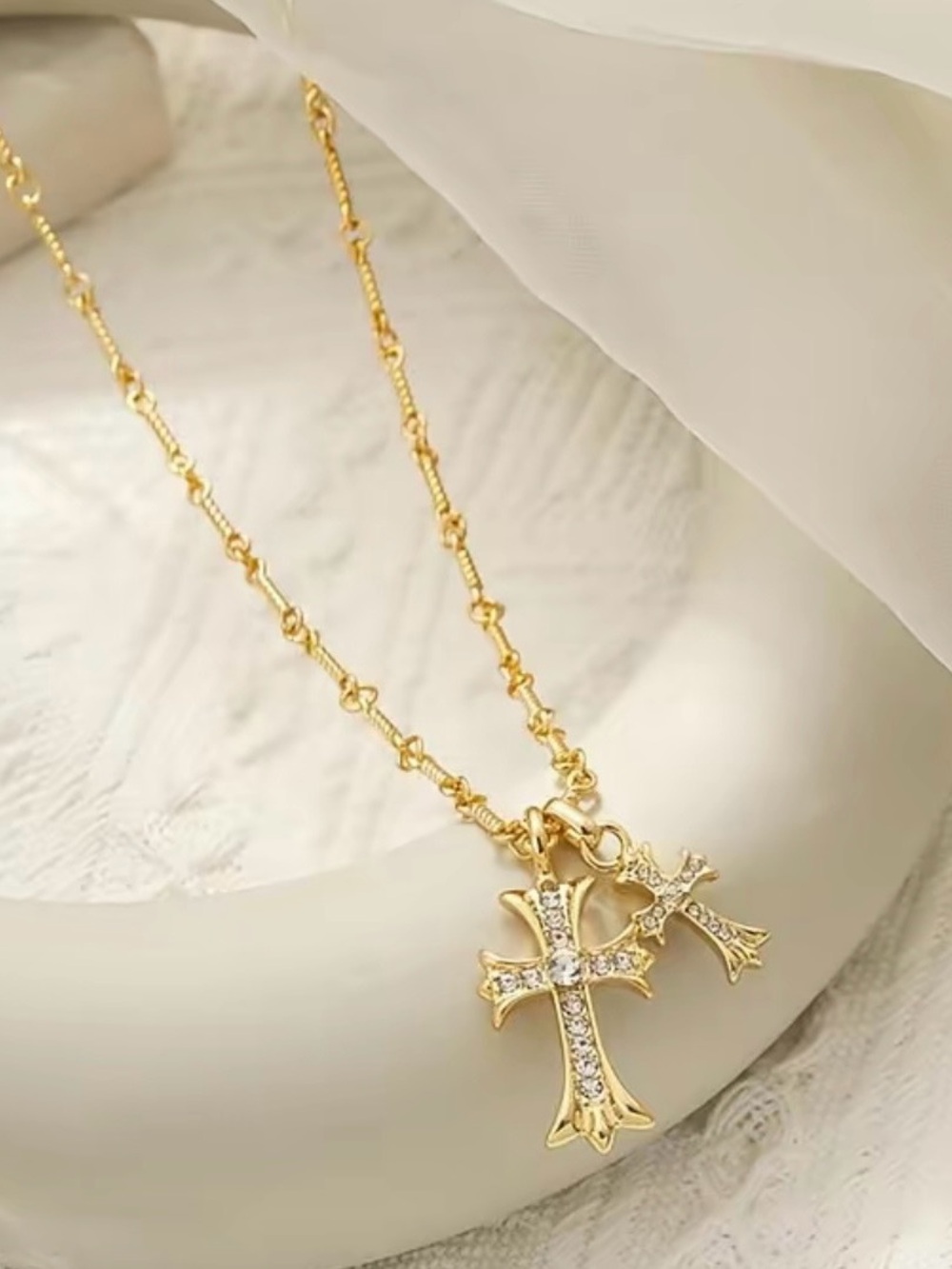 Cross Necklace 14k Gold Plated, Double Cross Pendant, Polynesian style for Women